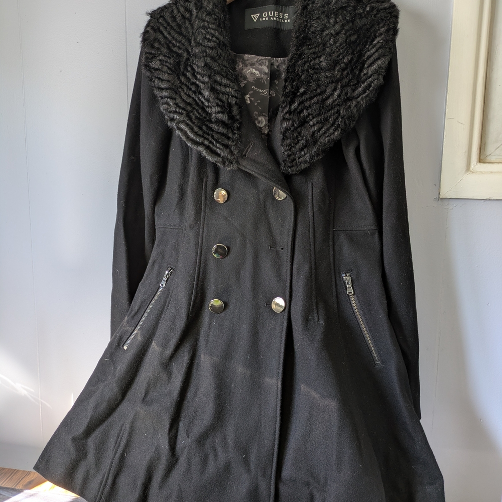 Guess Women's Black Coat with Faux Fur Collar
